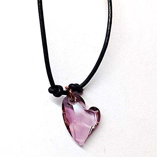アメジストパープルクリスタルハートペンダントブラックレザーネックレス、彼女への3周年記念ギフト Simple Graces Jewelry Amethyst Purple Crystal Heart Pendant Black Leather Necklace, 3rd Anniversary Gift for Her