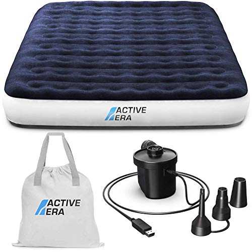 Active Era 高級キャンプエアベッド USB 充電式ポンプ付き - 一体型枕付きクイーンサイズインフレータブルエアマットレス、トラベルバッグ、USB 充電ケーブル付きポータブルエアポンプ、フットポンプ Active Era Luxury Camping Air Bed with USB Rechargeab