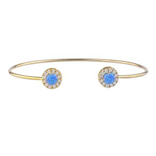 14Kt ゴールド 模擬 青碧 乳白色 日暈 目論む バングル 腕輪 Elizabeth Jewelry 14Kt Gold Simulated Blue Opal Halo Design Bangle Bracelet