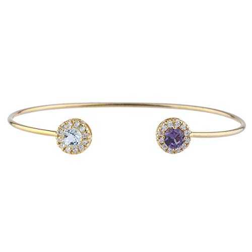 14Kt ゴールド 模擬 青緑色 \u0026 CZ アメジスト 日暈 目論む バングル 腕輪 Elizabeth Jewelry 14Kt Gold Simulated Aquamarine \u0026 CZ Amethyst Halo Design Bangle Bracelet