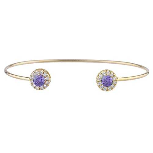 14K ゴールド CZ アメジスト 日暈 ひな形 バングル 腕輪 Elizabeth Jewelry 14Kt Gold CZ Amethyst Halo Design Bangle Bracelet
