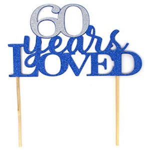 すべての詳細について60年愛されたケーキトッパー、1個、60歳の誕生日、60周年、キラキラトッパー、パーティーの装飾、写真の小道具（ブルー＆シルバー） All About Details 60 Years Loved Cake Topper, 1pc, 60th birthday, 60th anniversary, glitter画像