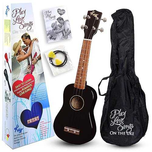 Kay Deluxe Soprano Ukulele Package, 4-String, Right Handed, Jet Black, Includes 6 Love Songs \u0026 Chords for Uke, Instructions, Strap and Bag (U12PB)