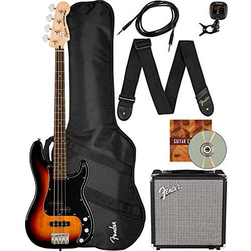 Fender Squier Affinity Precision Bass PJ - 3-Color Sunburst Bundle with Rumble 15 Amplifier, Instrument Cable, Gig Bag, Tuner, Strap, and Austin Bazaar Instructional ヴィデオディスク