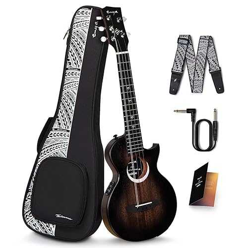 Enya Taimane Moon Signature 5-String Tenor Ukulele 26 Inch, All Solid Mahogany with AcousticPlus Pickup, Professional Ukelele with Double Low-G, Black (EUT Moon 5-String BK EQ)