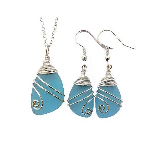 yinahawaii Handmade In Hawaii, Wire Wrapped Sea Glass Necklace and Earrings Set, Birthday Gifts For Women (Turquoise Blue - December)