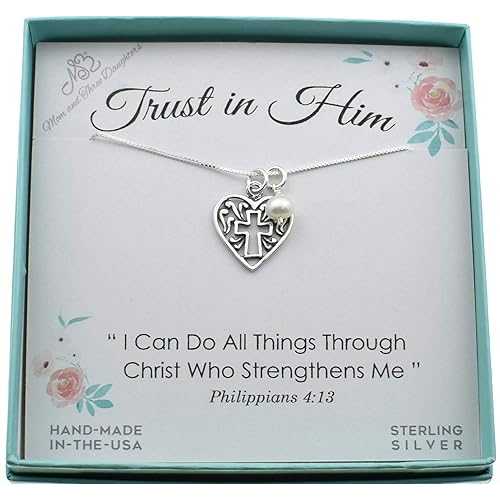 Cross Heart Necklace with Pearl / .925 Sterling Silver / Christian Jewelry for Her / 18\