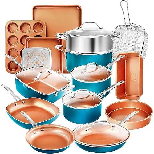 GOTHAM STEEL 20 Piece Copper Pots and Pans Set Nonstick Cookware Set + Complete Ceramic Bakeware Set for Kitchen with Long Lasting Non Stick, Dishwasher/Oven Safe, Non Toxic - Turquoise GOTHAM STEEL 20 Piece Copper Pot