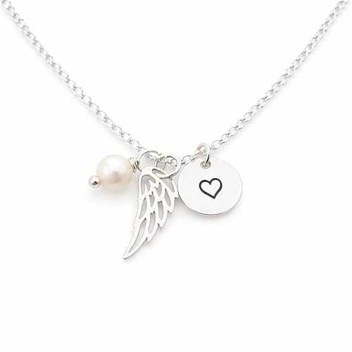 Angel Wing Necklace - Sterling Silver Filled Charm With Pearl \u0026 Heart Disc - Memorial Gift Ready Jewelry CY Design Studio Angel Wing Necklace Sterling Silver Filled Charm With Pearl \u0026 Heart Disc Memorial Gift Ready Je