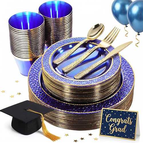 Nervure 150PCS Clear Blue Plastic Plates - Gold Party Plates - Blue and Gold Dinnerware Set Include: 50 Disposable Plate, 25Cups, 25Forks, 25Knives, 25Spoons for Wedding & Party & Hanukkah｜Glomarket