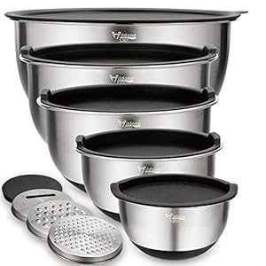 Wildone Mixing Bowls Set of 5, Stainless Steel Nesting Bowls with Lids, 3 Grater Attachments, Measurement Marks \u0026 Non-Slip Bottoms, Size 5, 3, 2, 1.5, 0.63 QT, Great for Mixing \u0026 Serving