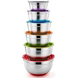 P&P CHEF Mixing Bowls With Lids, Set of 6, Stainless Steel Nesting Mixing Bowls & Fitting Lids & Non-Slip Silicone Bottom, Ideal for Mixing, Storing, Food Preparation,6 Sizes 0.7/1/1.5/2/2.6/4.6 Qt
