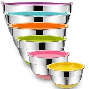 Umite Chef Mixing Bowls with Airtight Lids, 6 Piece Stainless Steel Metal Bowls, Measurement Marks \u0026 Colorful Non-Slip Bottoms Size 7, 3.5, 2.5, 2.0,1.5, 1QT, Great for Mixing \u0026 Serving