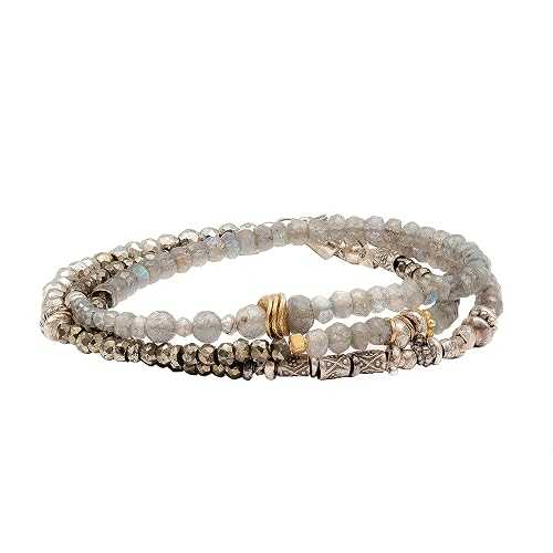 ラブラドライト ジェムストーン ミックスメタル ブレスレット - スターリングシルバー 3 ストランド ラップ ブレスレット Nadean Designs Labradorite Gemstone Mixed Metal Bracelet - Sterling Silver 3 Strand Wrap Bracelet|Glomarket