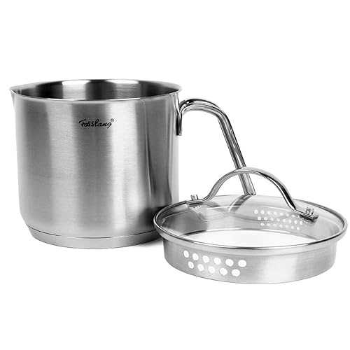 1.5 Quart Stainless Steel Saucepan with Pour Spout, Saucepan with Glass Lid, 6 cups Burner Pot with Spout - for Boiling Milk, Sauce, Gravies, Noodles QUIENKITCH 1.5 Quart Stainless Steel Saucepan with Pour Spout, Sa
