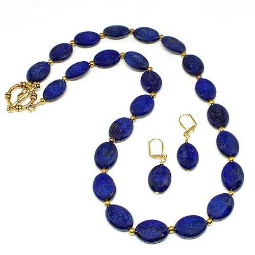 Just Ask Creations Natural Lapis Lazuli Gemstone Necklace Strand with Earrings