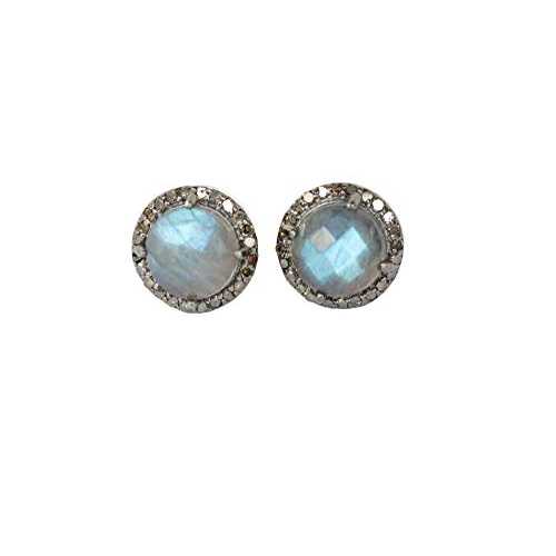 ラブラドライト 宝珠 金剛石 月暈 スタッド イヤリング スターリングしろがね色 -10粍 Nadean Designs Labradorite Gemstone Diamond Halo Stud Earring Sterling Silver -10粍 その他-ジュエリー・アクセサリー