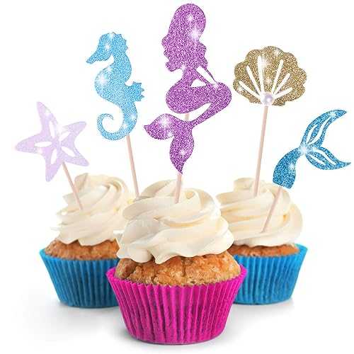 GET FRESH Mermaid Cupcake Toppers Decorations 30-pcs Glittery Mermaid Tail Cupcake Toppers Set for Under The Sea Party The Little Mermaid Cupcake Toppers to be Used as Under The Sea Cupcake Picks画像