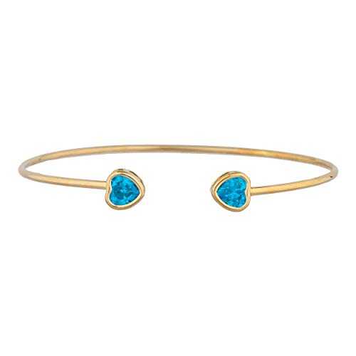 14K ゴールド CZ スイス連邦 青碧 トパーズ色 ハート形 ベゼル バングル 腕輪 Elizabeth Jewelry 14Kt Gold CZ Swiss Blue Topaz Heart Bezel Bangle Bracelet