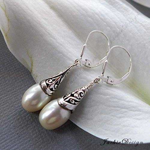 9mm ホワイト パール ドロップ バリ スターリング シルバー イヤリング JD202 JackieDesign 9mm White Pearl Drop Bali Sterling Silver Earrings JD202