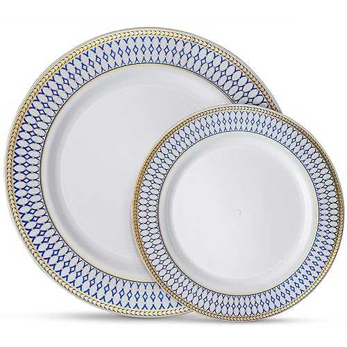 Laura Stein 32 Piece Dinnerware Set Gold and Blue Heavy Duty Disposable Plates for 16 Guests Premium Plastic Wedding, Party, Events Dinnerware Plates, Includes: 16 Dinner Plates, 16 Salad Plates