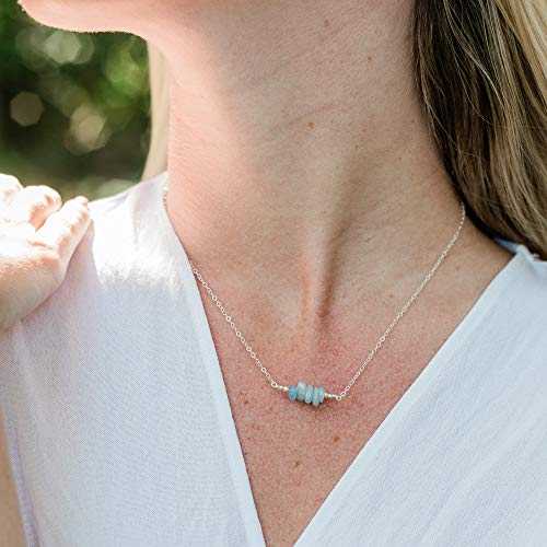 アクアマリン ビーズ バー ネックレス 925 スターリング シルバー - 本物の宝石 Luna Tide Aquamarine Bead Bar Necklace in 925 Sterling Silver - Genuine Gemstone