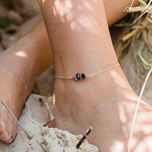 14K ゴールドフィルドのトルマリン ビーズ バー アンクレット - 本物の宝石 Tourmaline Bead Bar Anklet in 14K Gold Fill - Genuine Gemstone