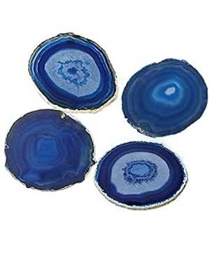 AMOYSTONE Natural Stone Coasters Set of 4 Blue Agate Crystal Coasters 3-3.5\" for Drinks Slice Coaster Cup Mat Beverage Mother Gift