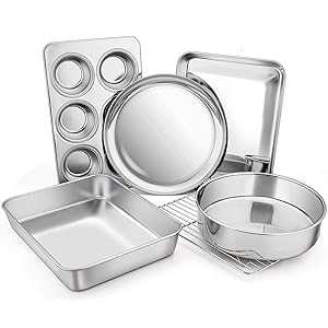 Toaster Oven Bakeware Set, E-far 6-Piece Stainless Steel Small Baking Pan Set, Include Cake Brownie Pan/Cookie Sheet with Rack/Muffin Tin/Pizza Pan, Non-Toxic & Healthy, Easy Clean & Dishwasher Safe｜Glomarket