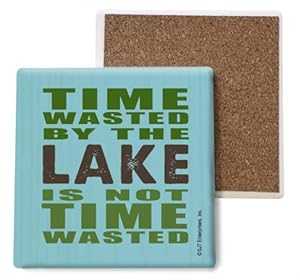 SJT ENTERPRISES, INC. Time Wasted by The Lake is Not Time Wasted (Duck Image) Absorbent Stone Coasters - Cork-Backed for Drinks - Lake Themed Kitchen Decor - 4 x 4 inches - Set of 4 (SJT04949)