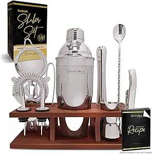 Happy Hour Kitchens Bartender Kit - Cocktail Shaker Set with Stand and Recipes- Martini Drink Mixer Set Non Rust Bar Tools- Professional Mixology Bartending Kit for The Home Bartender- Fun Cocktail Kit Gift Set