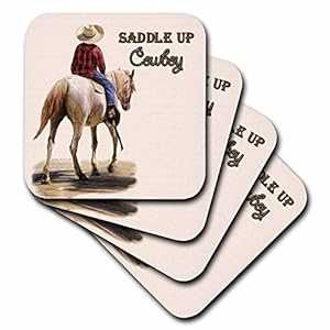 3dRose CST_52253_3 Saddle Up Cowboy Western Theme Painting Ceramic Tile Coasters, Set of 4