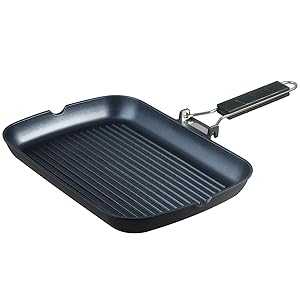 S?KITCHN Grill Pan with Folding Handle, Nonstick Grill Pan for Stove Tops, Induction Compatible KBBQ Grill Pan with Pour Spouts, Indoor Rectangle BBQ Grilling Pan - 13 × 9IN