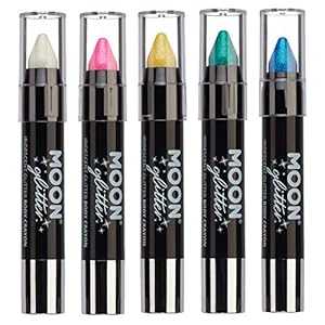 Moon Glitter 虹色グリッター ペイント スティック/ボディ クレヨン メイクアップ フェイス & ボディ用 - 0.12オンス - 5本セット Iridescent Glitter Paint Stick/Body Crayon makeup for the Face & Body by Moon Glitter - 0.12oz - Set