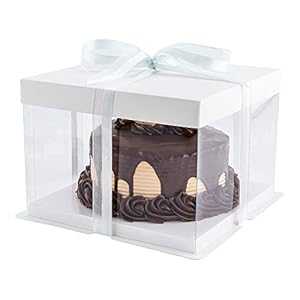 Restaurantware Sweet Vision 10インチ x 8.25インチ 透明ケーキボックス、耐油ベースクリアケーキボックス10個 - 白い蓋、グレーのリボン、プラスチック製の誕生日ケーキボックス、結婚式や誕生日用 Restaurantware Sweet Vision 10 Inch x 8.25 Inch Tran