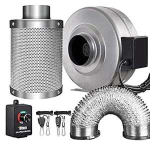iPower GLFANXINL4FILT4MD8CTR 4 インチ 190 CFM インライン ファン カーボン フィルター 8 フィート ダクト コンボ 可変速度コントローラーとロープ ハンガー付き 成長テント換気用 4 インチ ファン & フィルター グレー iPower GLFANXINL4FILT4MD