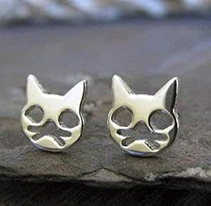 猫の顔のスタッド ピアス ポリッシュ スターリング シルバー ハンドメイド 米国 Poseidon\'s Booty Cat Face Stud Earrings Polished Sterling Silver Handmade in USA