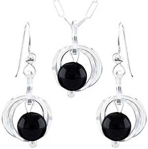 Tahmi Real 8MM Black Onyx Minimalist Jewelry Gift Set Idea for Women with Dainty 925 Sterling Silver Dangle Earrings and 18 Inch Paper Clip Chain Necklace with Simple Pendant