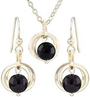 Tahmi Simple Real Black Onyx Gemstone Dangle Earrings and 20 Inch Pendant Necklace on Chain with 14K Yellow Gold-filled Circles Dainty Minimalist Jewelry Gift Set Idea for Women 27,993円