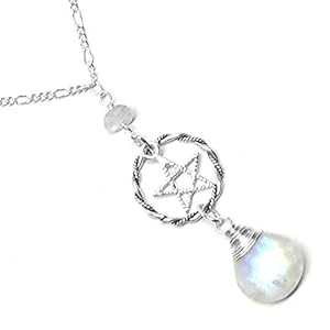レインボー ムーンストーン スターリング シルバー 五芒星 ワイヤーラップ チェーン ネックレス 24 インチ Meredithbead Rainbow Moonstone Sterling Silver Pentagram Wire-Wrapped Chain Necklace 24 Inches