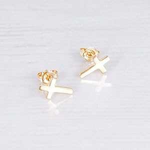 ゴールドクロススタッドピアス - デザイナー手作りの小さなクリスチャンポストピアス Tooliks Gold Cross Stud Earrings - Designer Handmade Small Christian Post Earrings