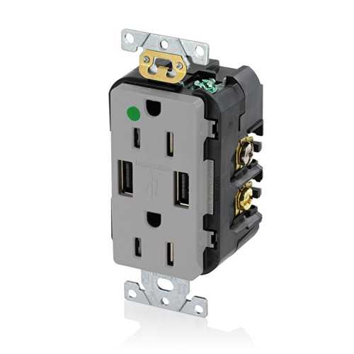 Leviton T5632-HGG 15 アンペア ホスピタルグレード USB 充電器/耐タンパー性デュプレックス レセプタクル、グレー Leviton T5632-HGG 15-Amp Hospital Grade USB Charger/Tamper-Resistant Duplex Receptacle, Gray