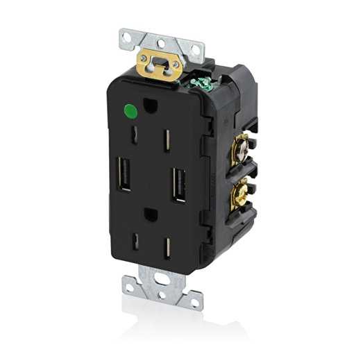 Leviton T5632-HGE 15 アンペア ホスピタルグレード USB 充電器/耐タンパー性デュプレックス レセプタクル、ブラック Leviton T5632-HGE 15-Amp Hospital Grade USB Charger/Tamper-Resistant Duplex Receptacle, Black