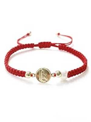 CRUZONE Our Lady of Guadalupe Medal and Dainty Cultured Fresh Father Pearl Adjustable Red String Bracelet Pulsera de la Virgen de Guadalupe para Mujeres (Red)
