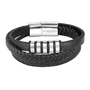 FORZIANI 高品質アメリカ産牛革ブレスレット メンズ - 編み込み多層ラップ ブラック 編組メンズリストバンド ステンレススチール製磁気クラスプ付き - 7.5~8.5インチ ギフトパッケージ入り FORZIANI High Quality American Cowhide Leather Bracelet for｜Glomarket