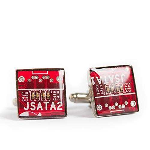 赤い回路基板のカフリンクス、コンピューターマニアへのリサイクル ギフト ReComputing Red Circuit Board Cufflinks, recycled gift for computer geek