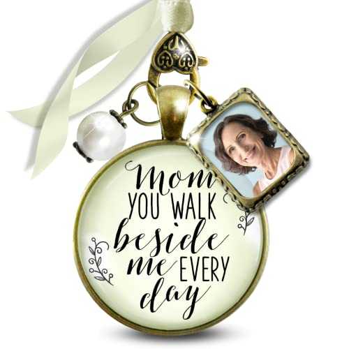 Gutsy Goodness Bouquet Charm Wedding Memory Mom You Walk Beside Me Every Day Vintage Bronze Cream Glass Pendant Jewelry Honor Mother White Bead 1 Frame Loving Keepsake on Bridal Flowers DIY Photo Template
