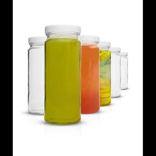 All About Juicing Clear Glass Water Bottles Set - 6 Pack Wide Mouth with Lids for Juice, Smoothies, Beverage Storage - 16 薬局衡オンス, Durable, Reusable, Dishwasher Safe, Leak Proof (White Caps)