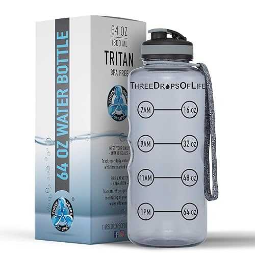 Three Drops of Life 64薬局衡オンス Tritan Plastic Water Bottle, Large, Smoke Gray, High Capacity Hydration Tracker, BPA Free, Reusable, Best for Indoor, Outdoor, Sports Use