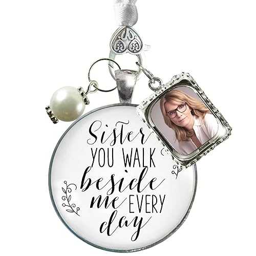 Gutsy Goodness Bridal Bouquet Photo Charm Sister Beside Me Wedding White Memory Remember Silvertone Picture Jewel